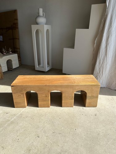 Natural Wood Color Bench in Solid Monoxyl Wood with Carved 3 Arch Base ...