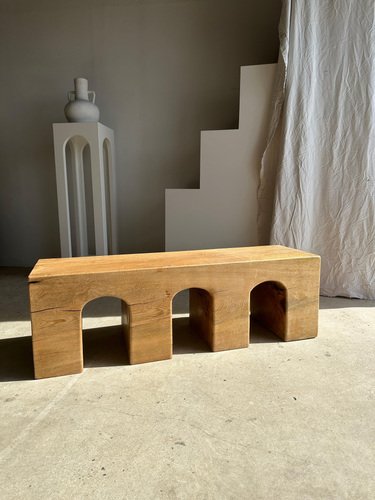 Natural Wood Color Bench in Solid Monoxyl Wood with Carved 3 Arch Base ...