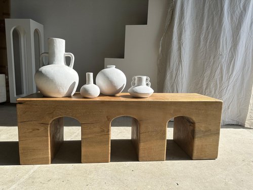 Natural Wood Color Bench in Solid Monoxyl Wood with Carved 3 Arch Base ...