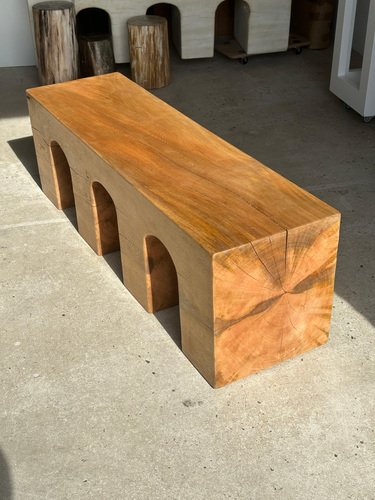Natural Wood Color Bench in Solid Monoxyl Wood with Carved 3 Arch Base ...