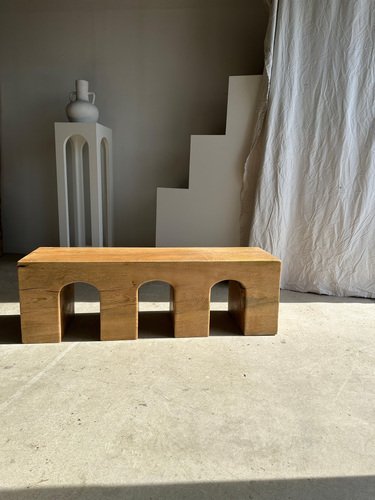 Natural Wood Color Bench in Solid Monoxyl Wood with Carved 3 Arch Base ...