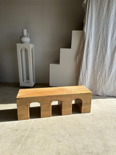 Natural Wood Color Bench in Solid Monoxyl Wood with Carved 3 Arch Base ...