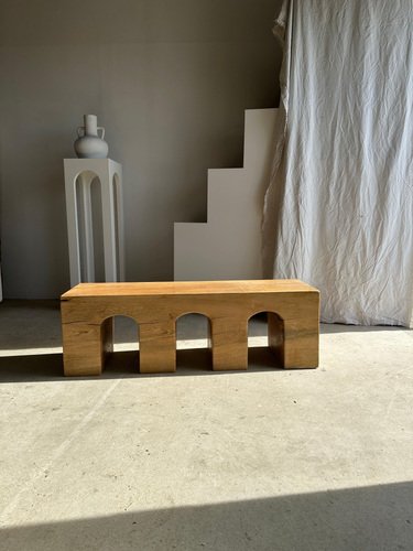 Natural Wood Color Bench in Solid Monoxyl Wood with Carved 3 Arch Base ...