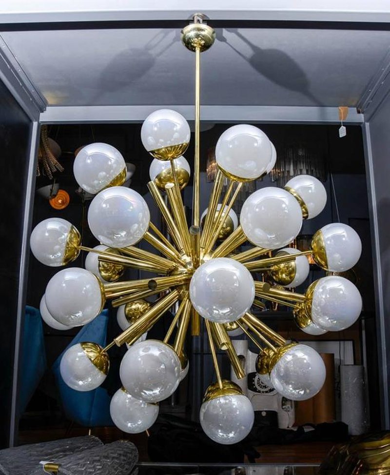 Brass Sputnik Chandelier with Iridescent Murano Glass Globes by Glustin
