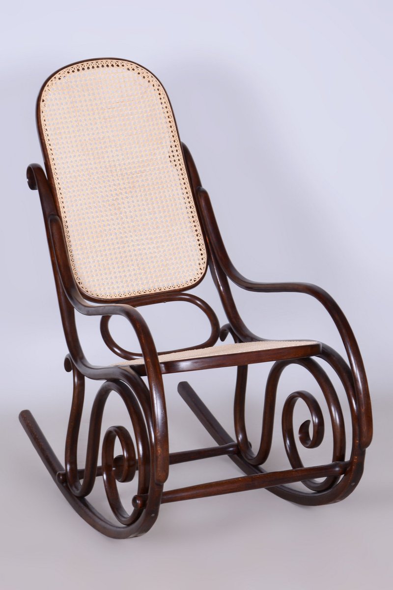 Art Deco Beech & Rattan Rocking Chair attributed to Thonet, Czech ...