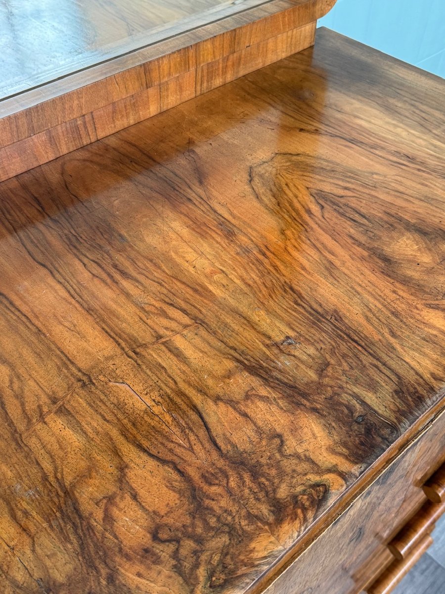 Coiffeuse ancienne avec miroir et coffres, en bois papillon - Antiquités