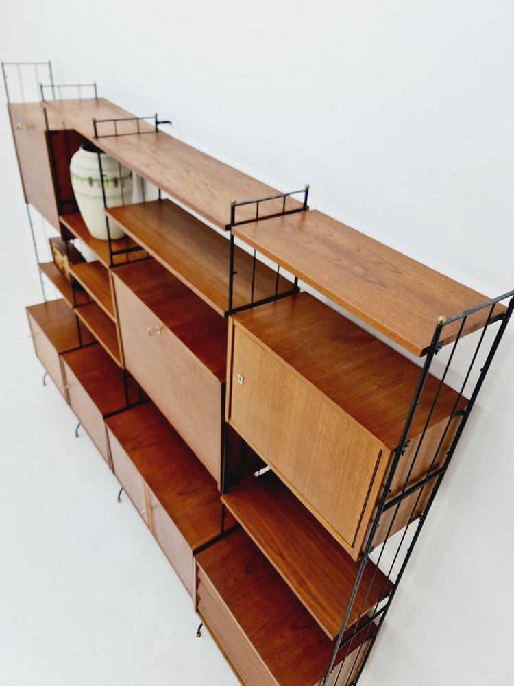 Freestanding String Shelf-System Unit Bookcase in Teak and Metal by ...
