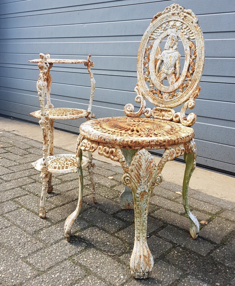 Antique French Cast Iron Chair with Table, Set of 2 for sale at Pamono