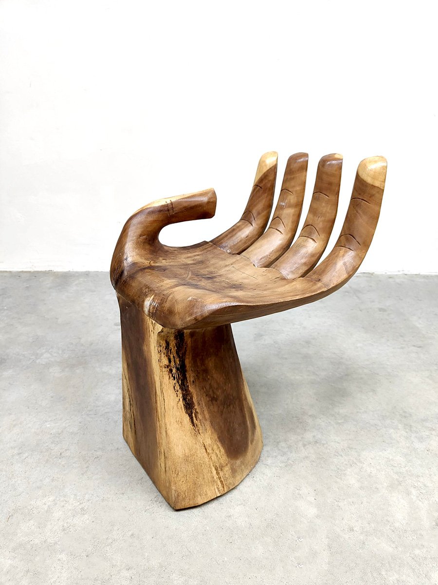 Wooden Handcrafted Carved Hand Chair for sale at Pamono