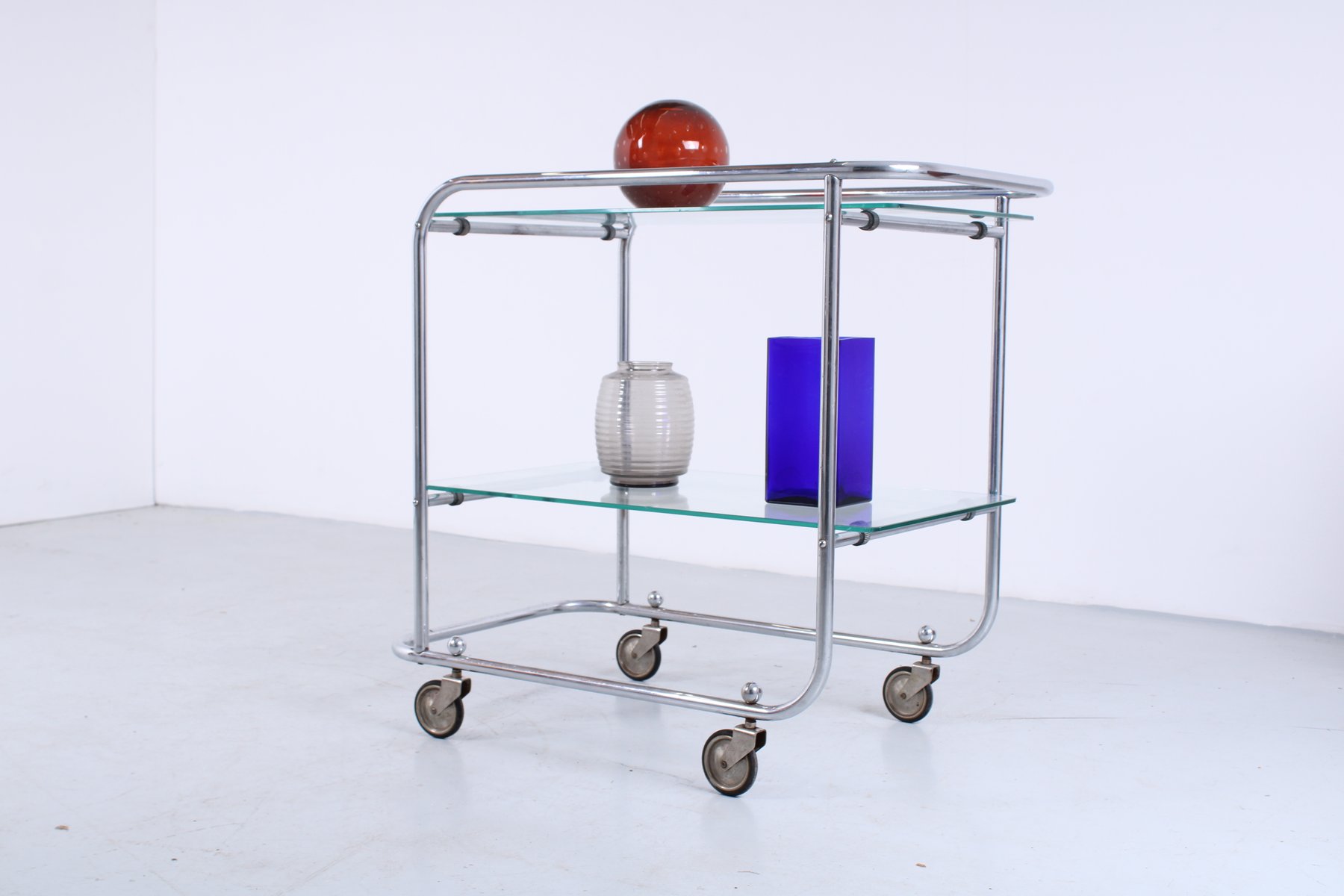 Chariot à Cocktail Mid-Century Merrow Associates - Verre Et Chrome (3 étagères)
