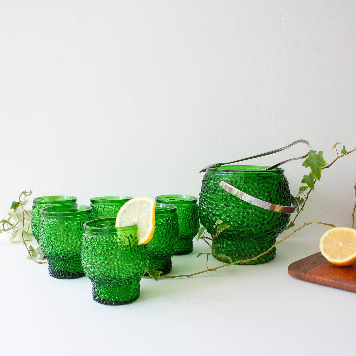 Vintage Green Cocktail Bubble Glasses with Ice Bucket and Ice Clamps ...