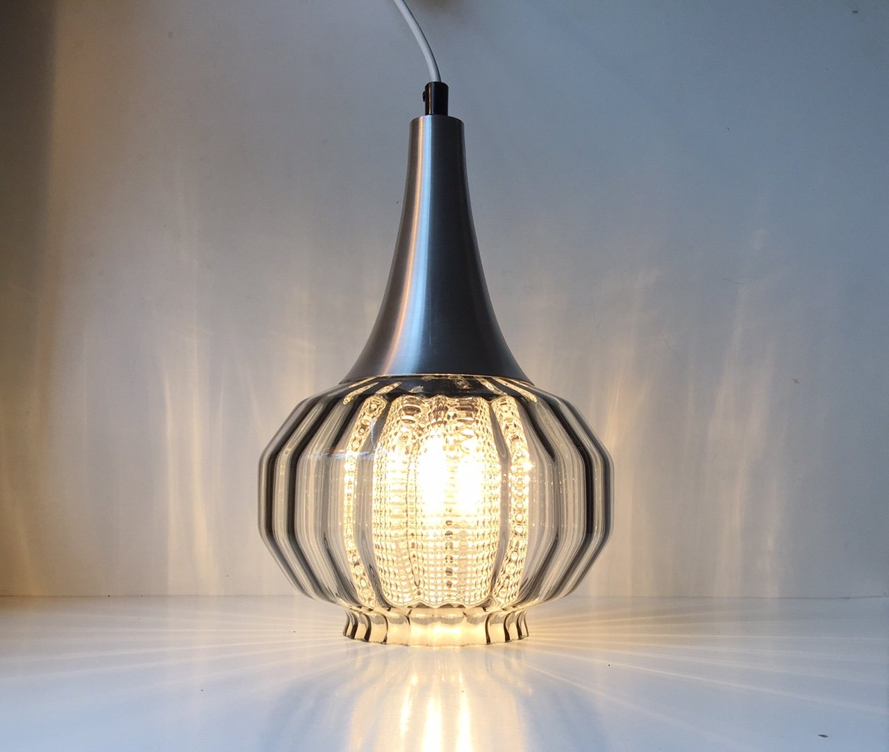 Vintage OnionShaped Optical Glass Pendant Lamp from Orrefors, 1970s