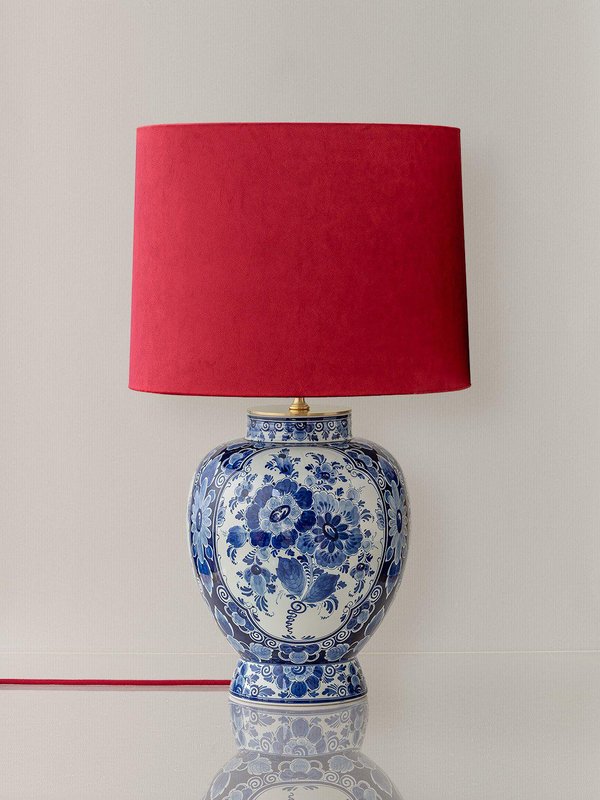 Large Wilhelmina Regina Delft Blue Table Lamp with New Red Velvet ...