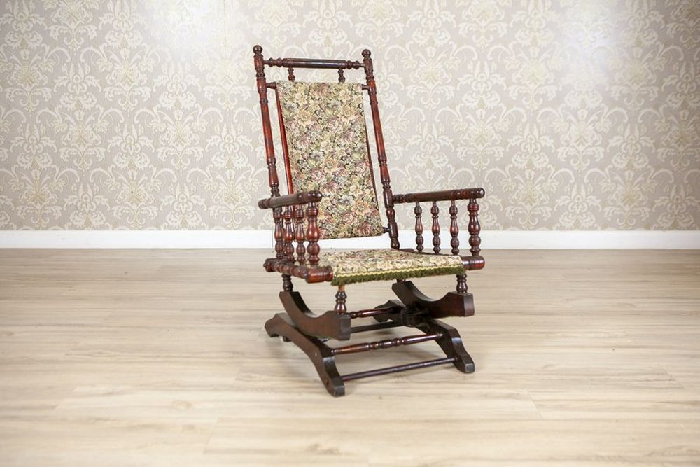 Antique Spring Rocking Chair in Floral Fabric, 1890s for sale at Pamono
