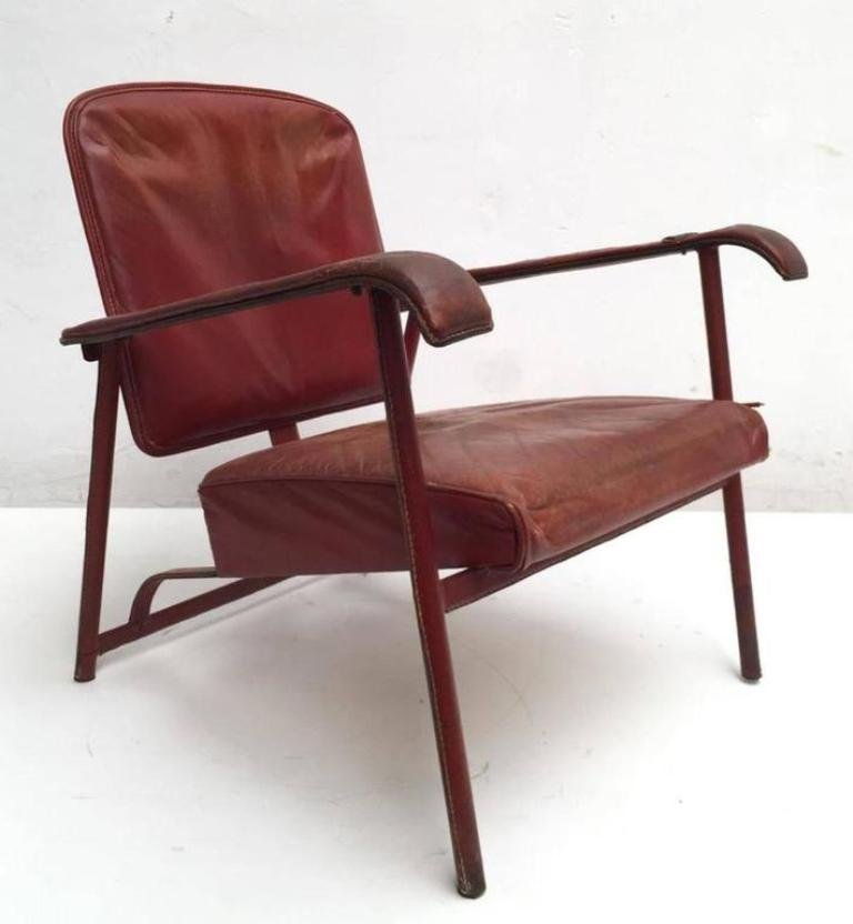 Vintage Leather Lounge Chairs by Jacques Adnet, Set of 2 for sale at Pamono