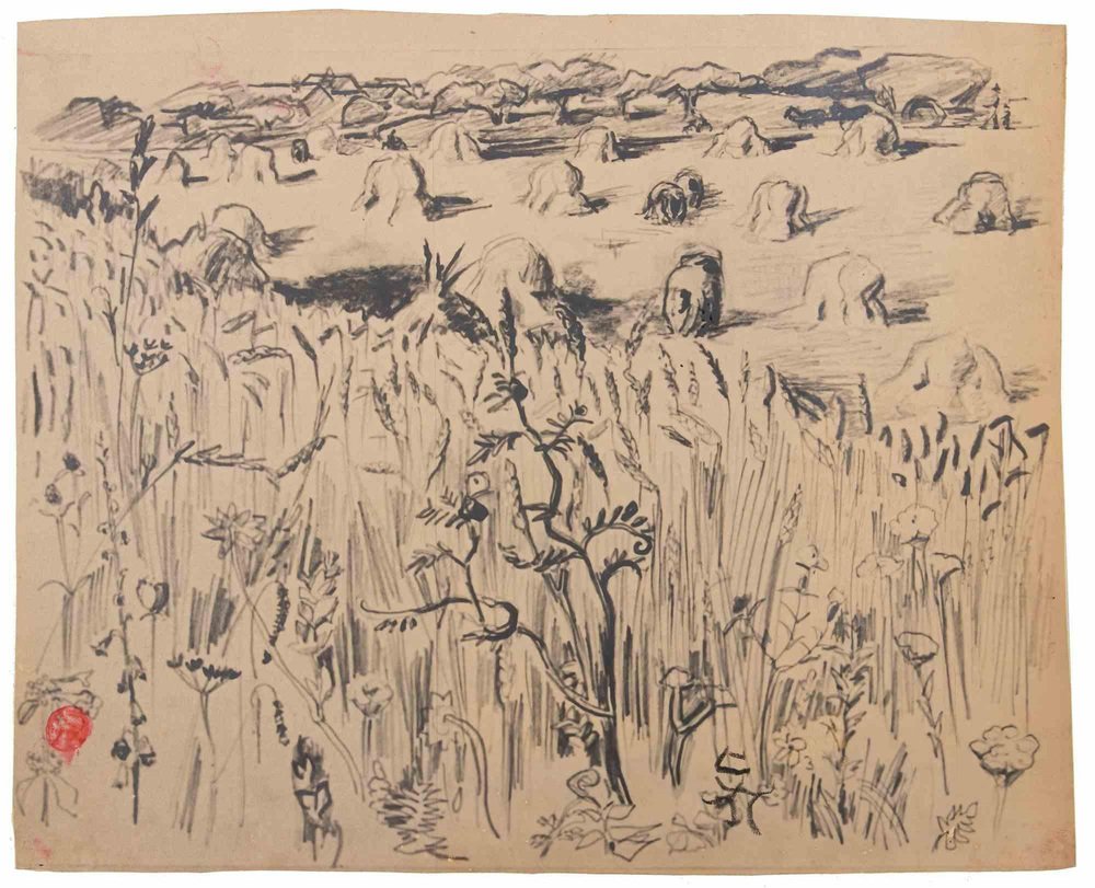 Suzanne Tourte, Country Scene, Ink & Pencil Drawing, 1940s for sale at
