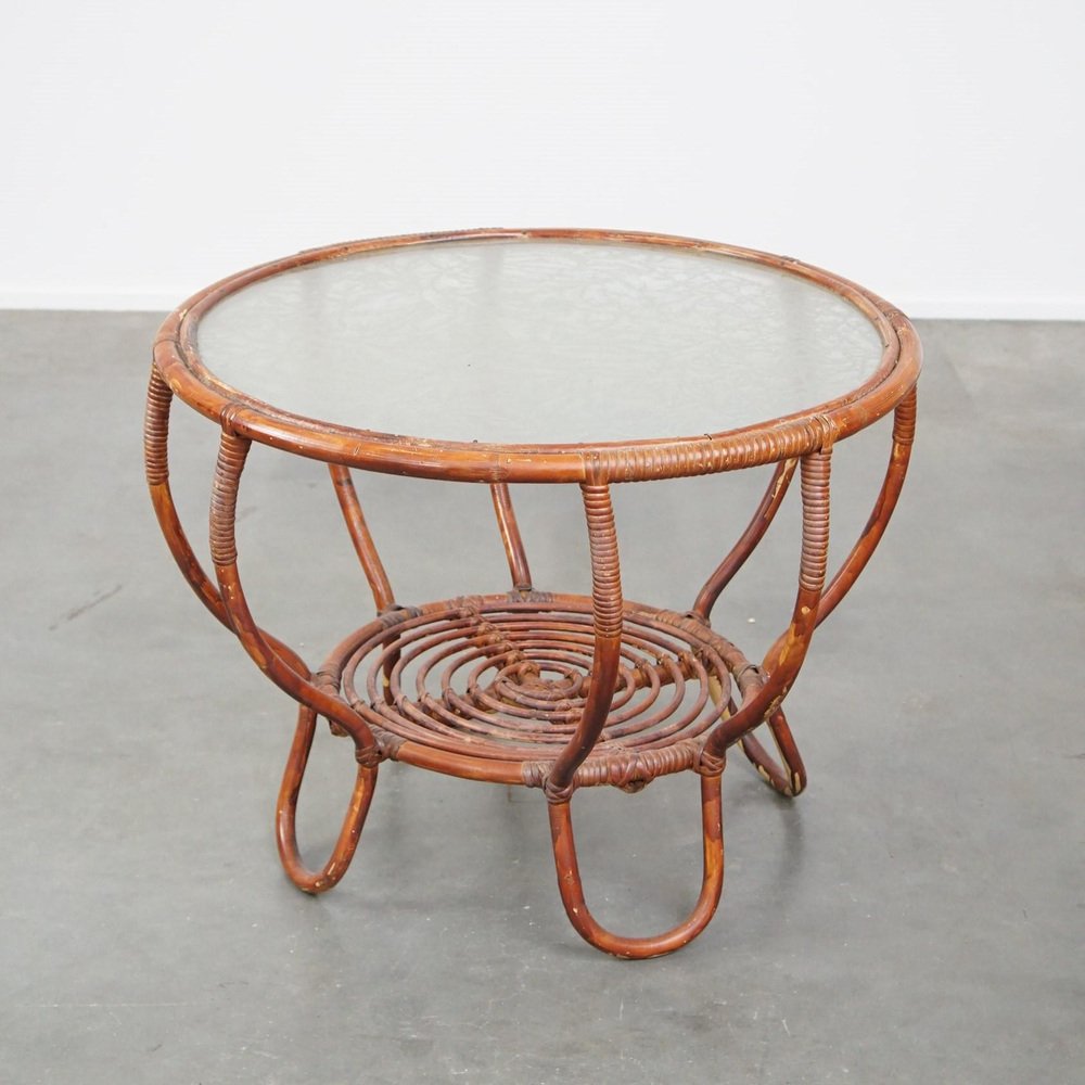 Vintage Round Coffee Table in Rattan for sale at Pamono