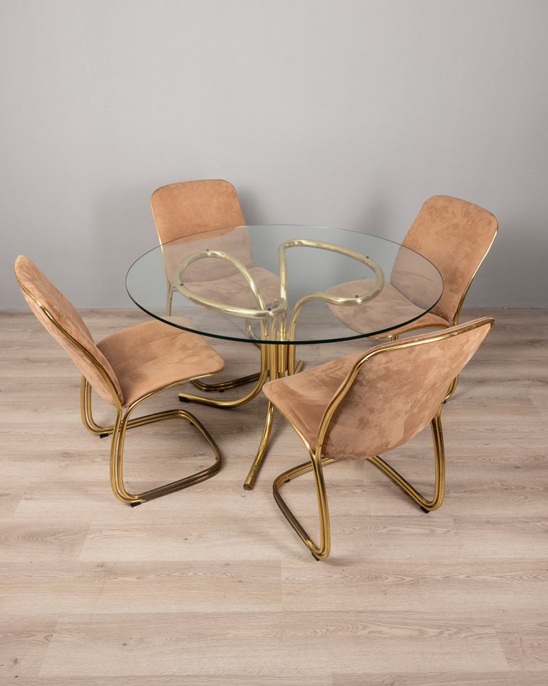 Ensemble Table + 3 Chaises Vintage - Gastone Rinaldi - Design Années 70 - Métal Argenté