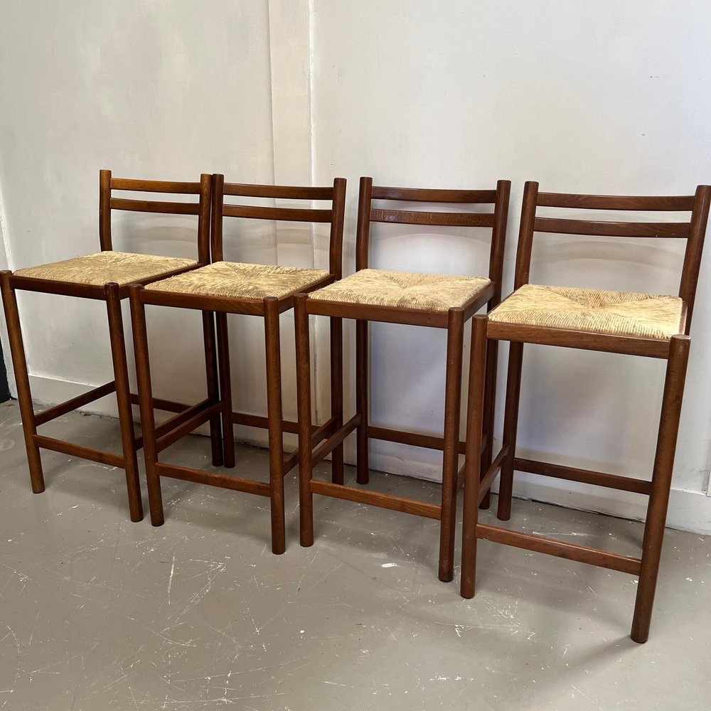 Mid-Century Dark Beech Stools with Cane Seat for sale at Pamono