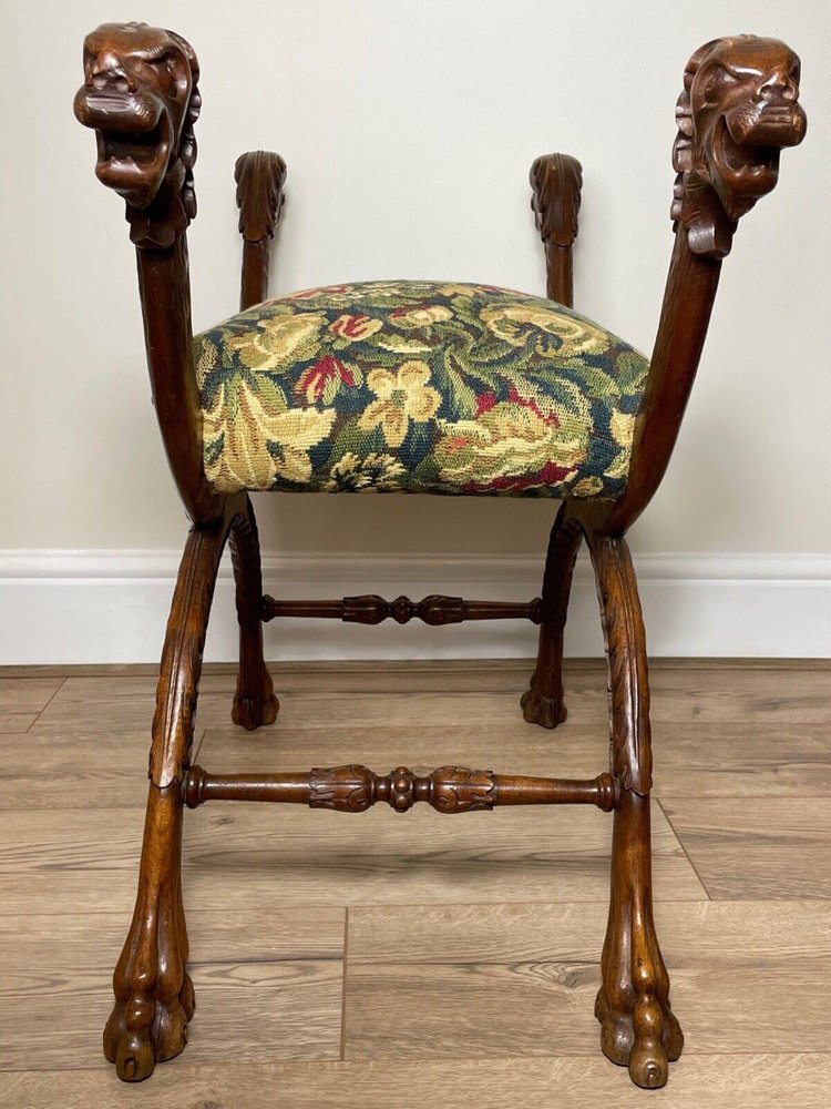 British X Frame Window Stool in Carved Walnut with Hunting Dog Heads ...