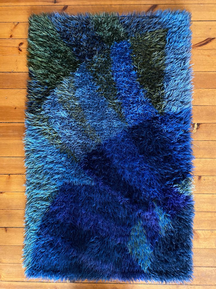 Mid-Century Modern High Pile Blue Rya Rug, Sweden, 1960s for sale at Pamono