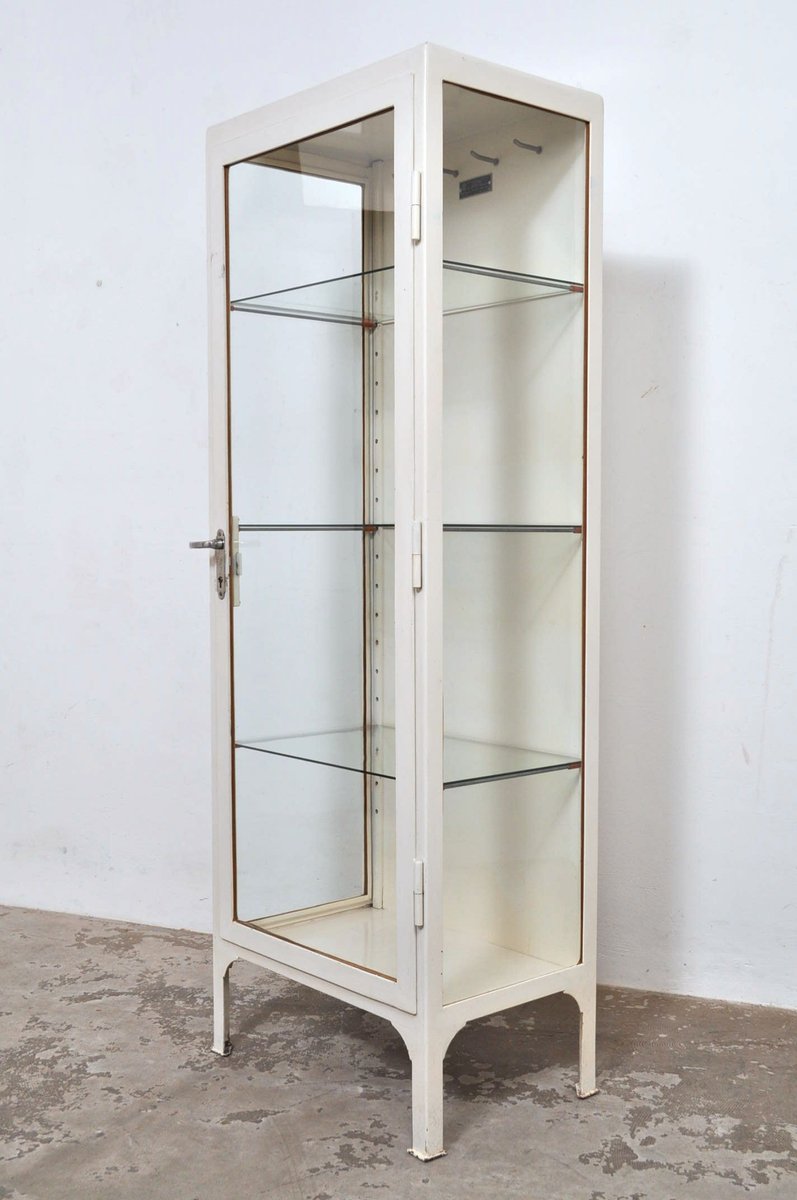Spetebo Armoire Médicale Métal Verrouillable – Porte Verre Dépoli Blanc & Imprimé, 3 Étagères, Tip-On