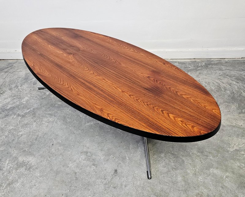 Mid-Century Danish Modern Oval Coffee Table with Veneer Top and Chrome ...