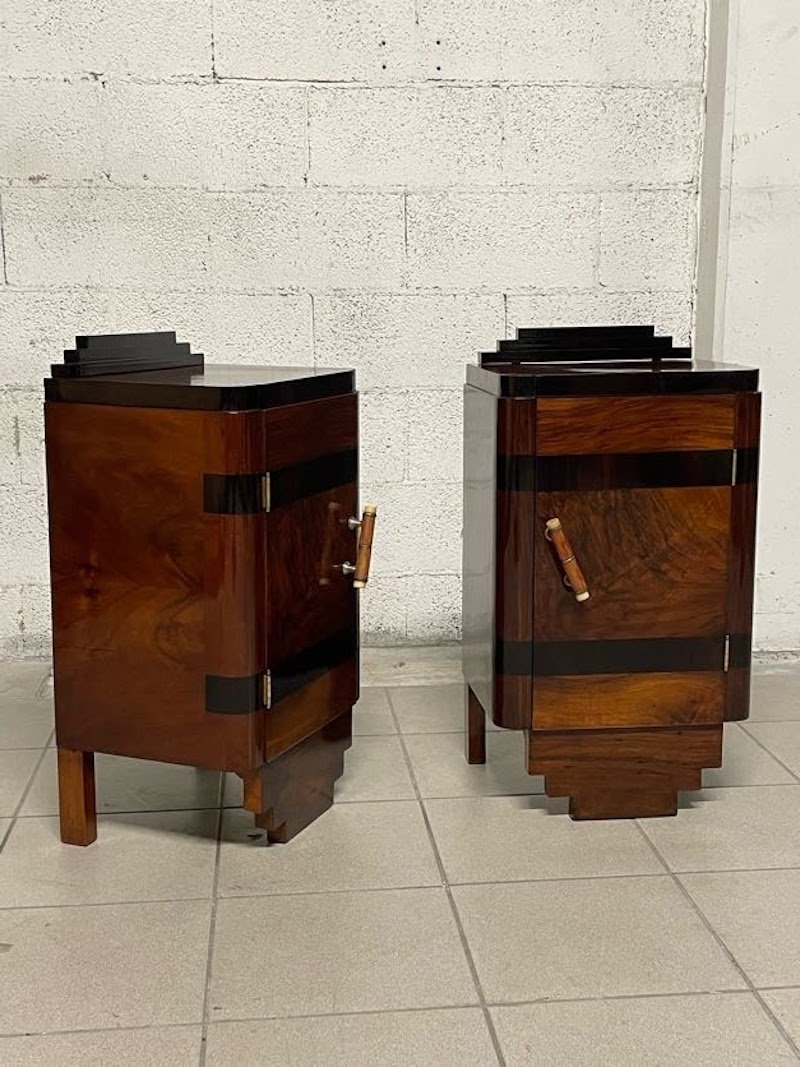 Art Deco Bedside Tables in Walnut and Ebonized Wood, 1930s, Set of 2 ...