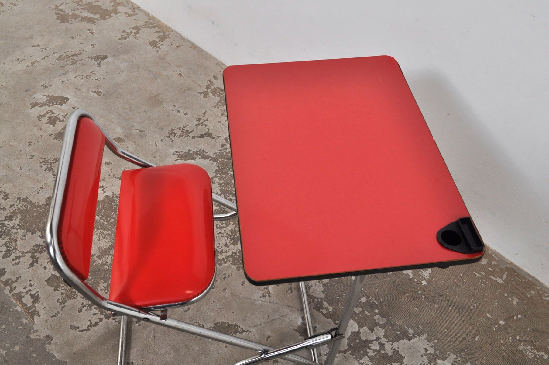 Bureau D'école Pliant Vintage - Années 50 - Bleu Rayé - Upcyclé - 78x60x45cm