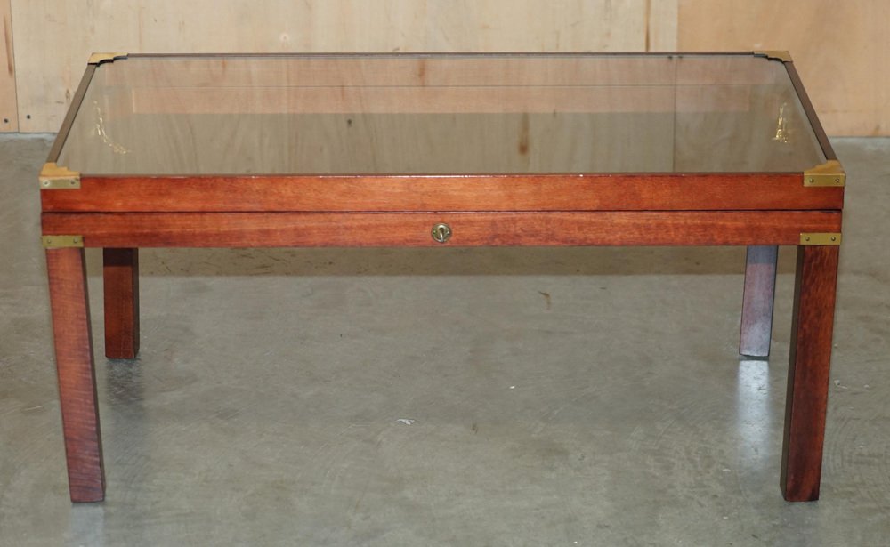 Military Campaign Style Coffee Table with Exhibition Glass Display Case ...