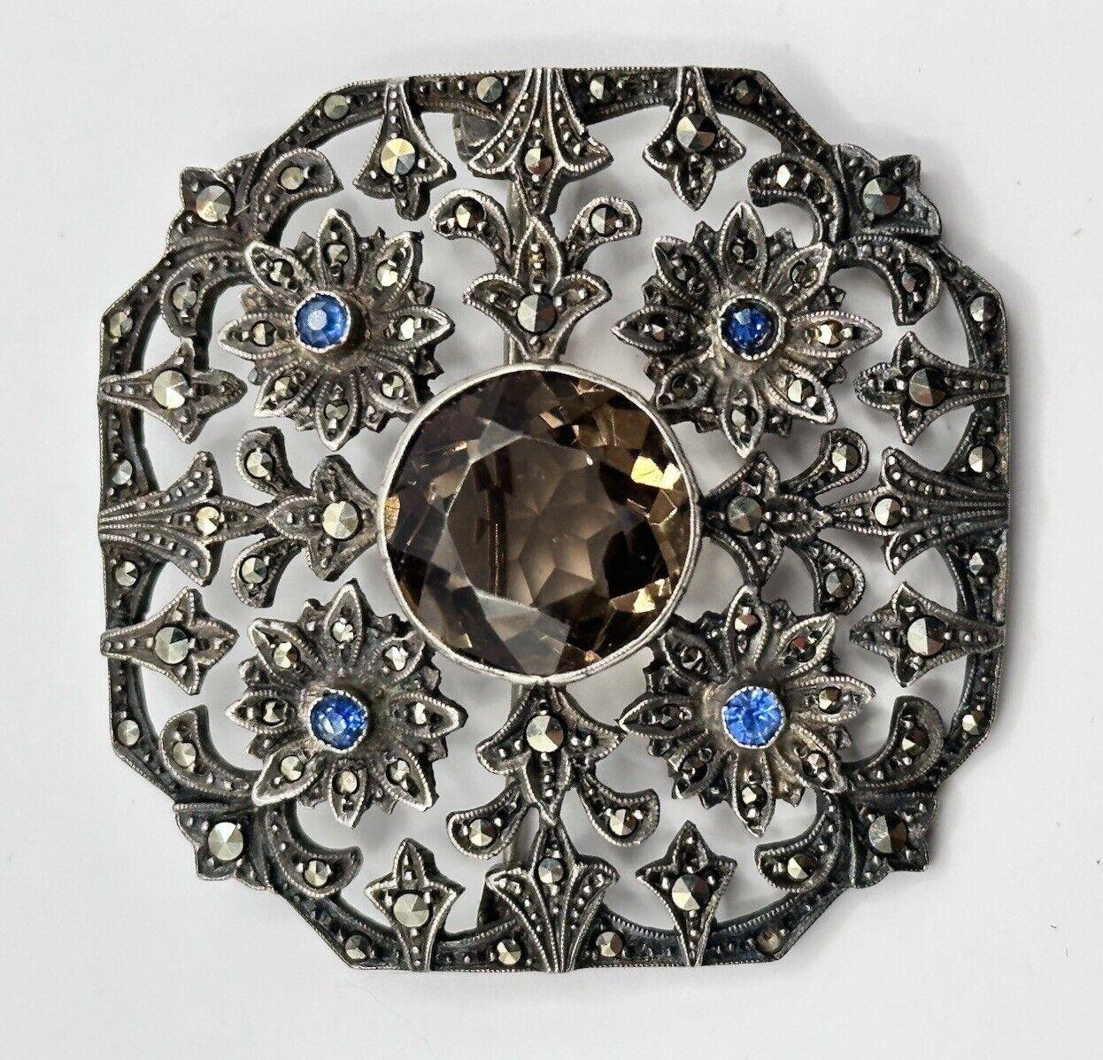 Broche Ancienne Art Déco En Argent Massif Et Marcassite - Occasion (manque Une Petite Pierre)
