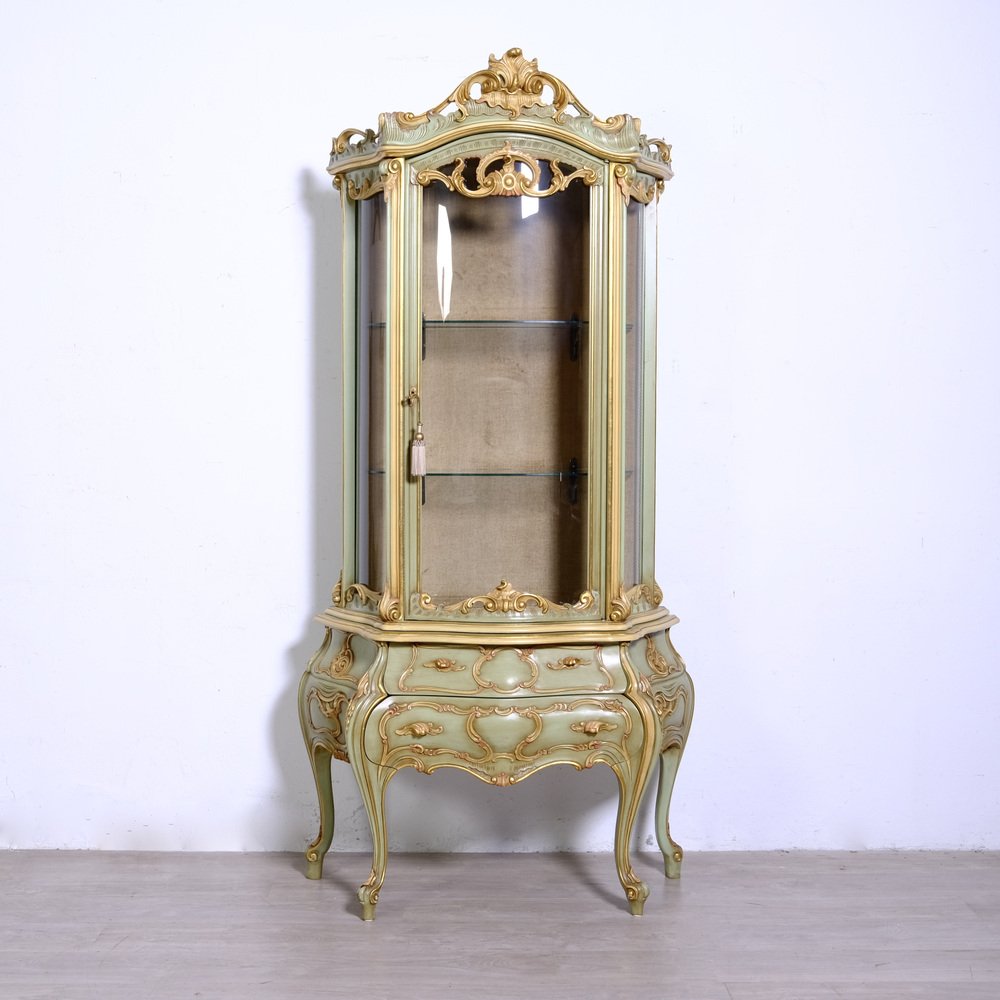 Vitrine Baroque En Bois Et Verre - Vaisselier/buffet Avec Miroir Et éclairage - Hauteur 194 Cm