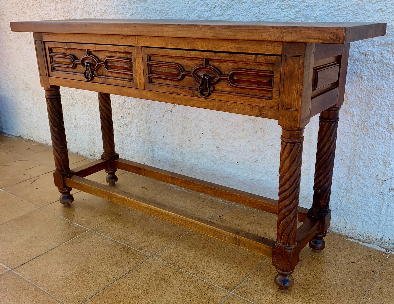 Solomonic Table Vintage Carved Walnut Console Table with Solomonic Legs and Two Drawers ...