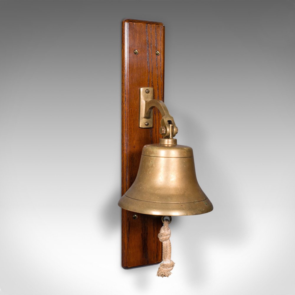 English Edwardian WallMounted School Bell in Oak and Brass, 1910s for