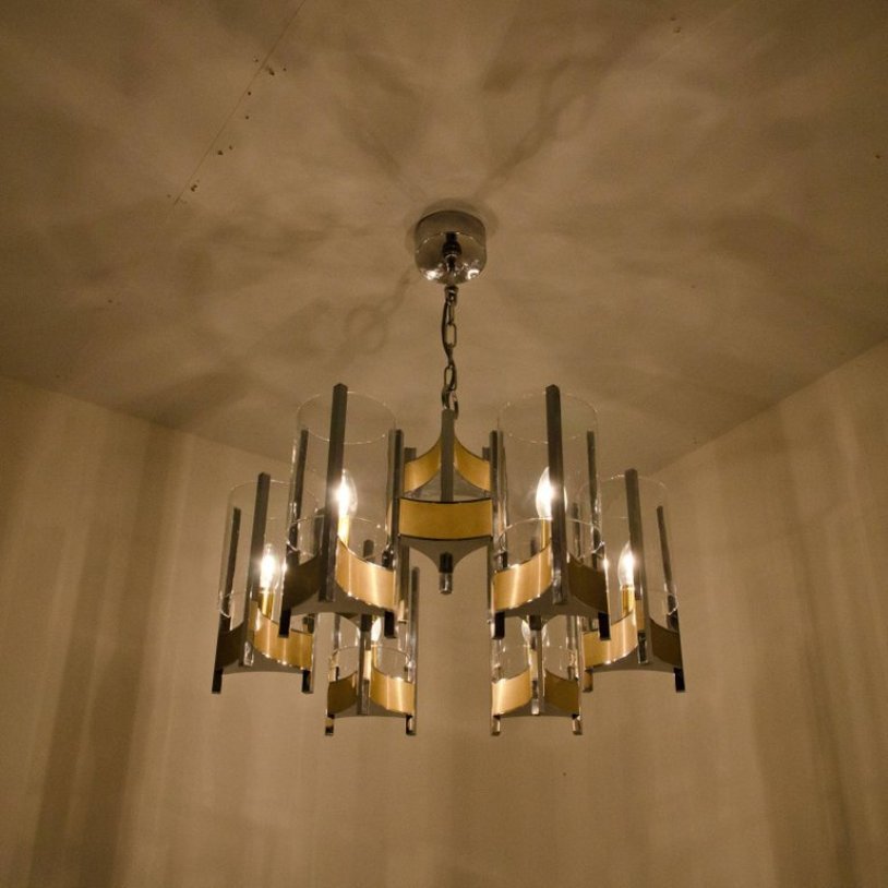 Nine Light Chrome Glass Chandelier By Gaetano Sciolari 1960s For Nine Light Chrome Glass Chandelier By Gaetano Sciolari 1960s