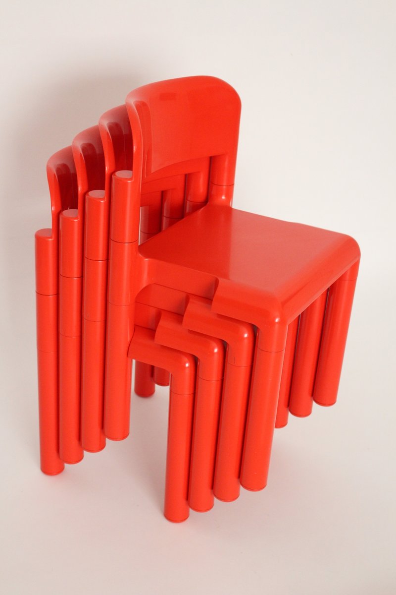 Red Plastic Chairs by Eero Aarnio for UPO, 1970s, Set of 4 for sale at