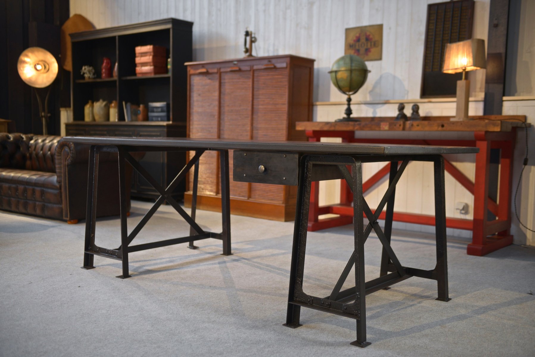 Industrial Desk on Riveted Steel Trestles and Rimmed Pine Top, 1950s ...