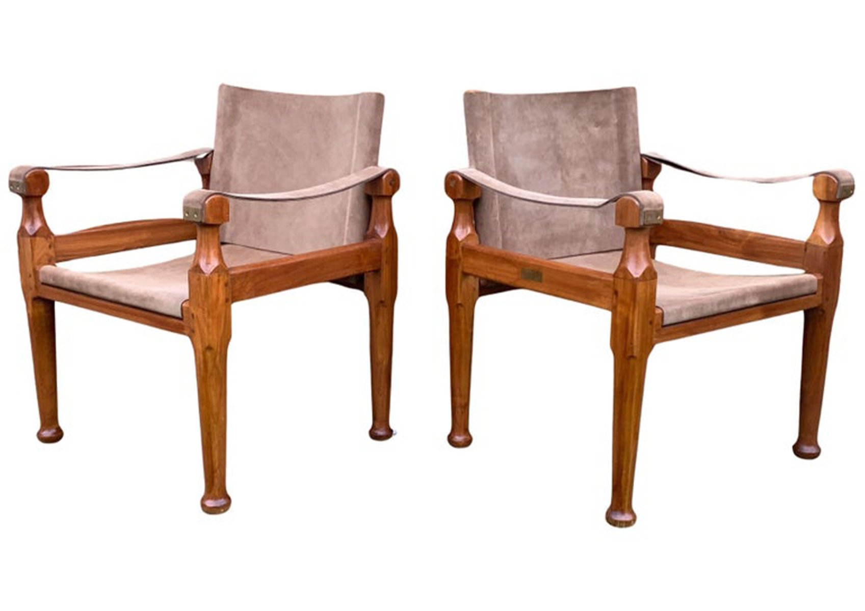 Suede and Teak Open Frame Safari Chairs with Sling Arms, 2000s, Set of ...