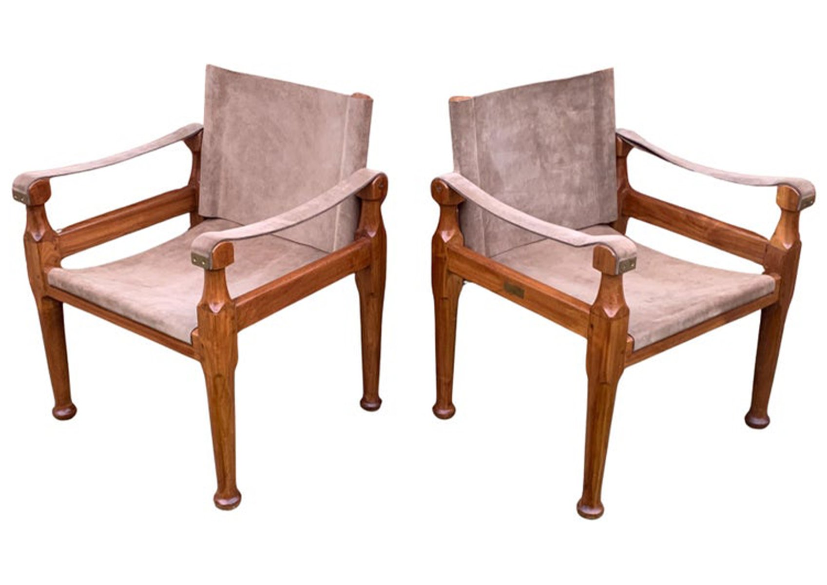 Suede and Teak Open Frame Safari Chairs with Sling Arms, 2000s, Set of ...