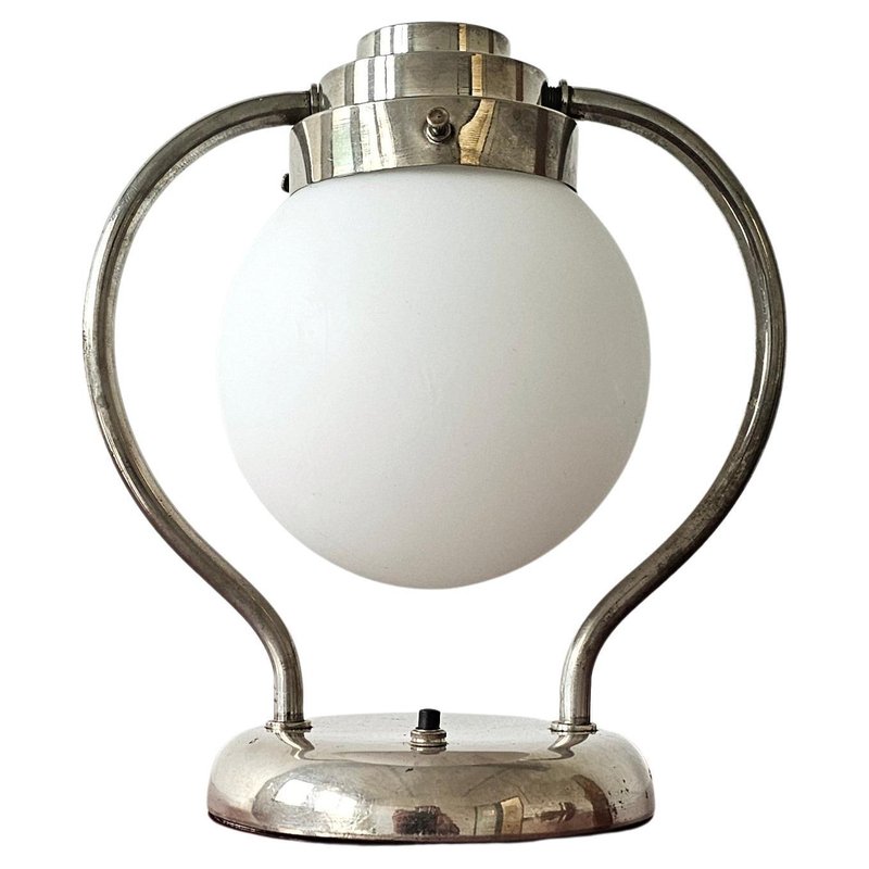 Lampe De Table Art Déco Vintage Années 1930 - Chromé Et Acier, Abat-jour Opalin Marbré - Raccordée Neuve, 220V
