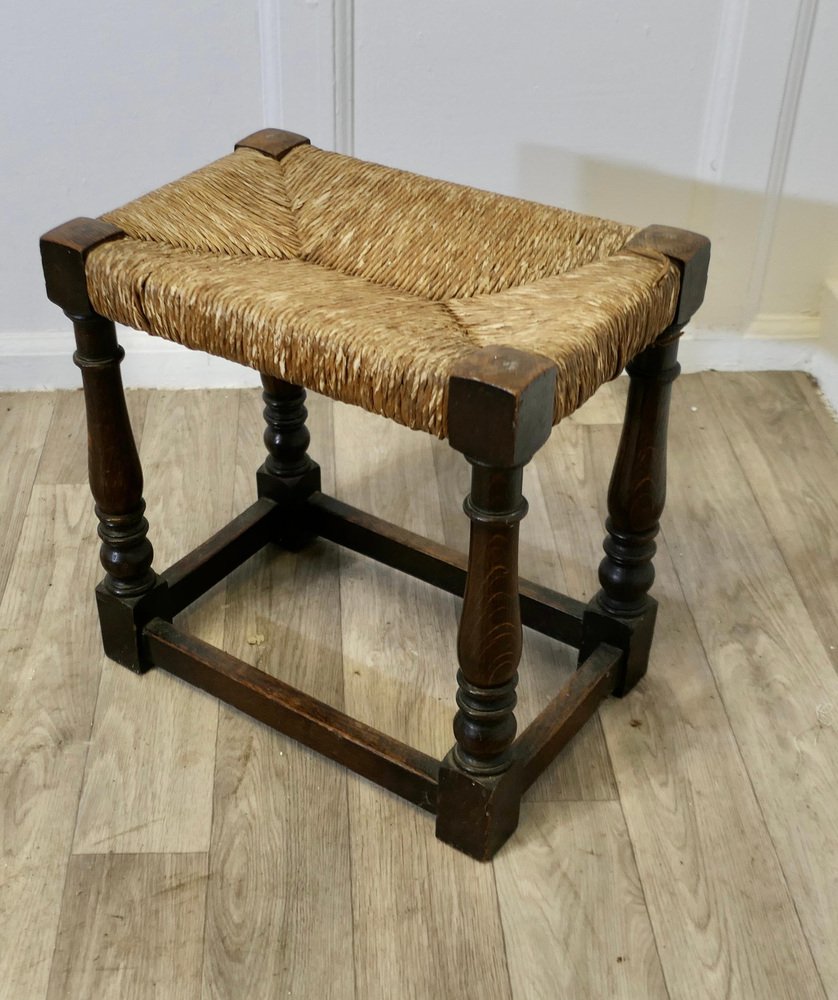 Woven Rush Seated Oak Joint Stool for sale at Pamono
