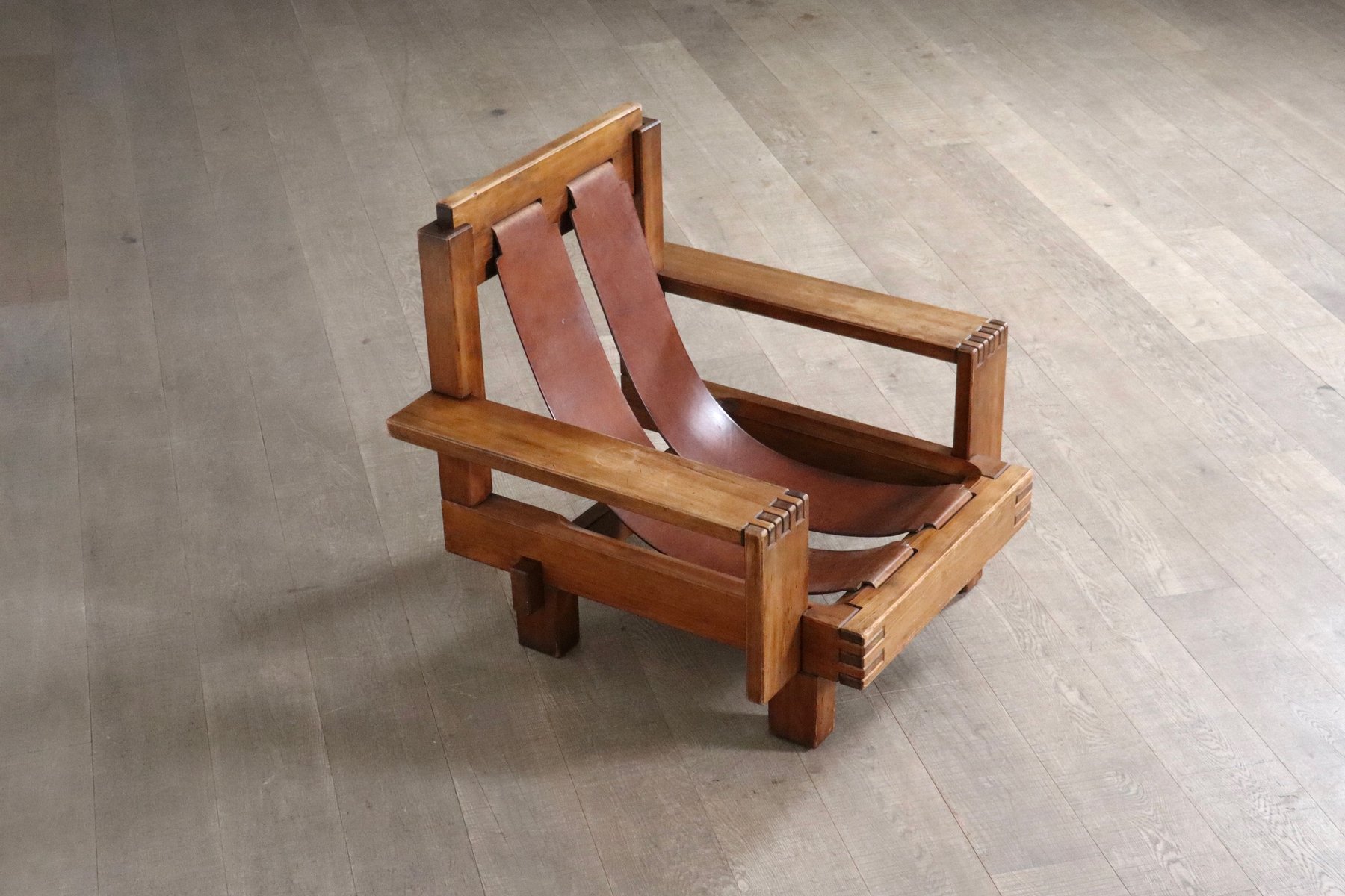 Picture of Mid-Century Modern Brutalist Lounge Chair in Oak and Leather, Italy ...