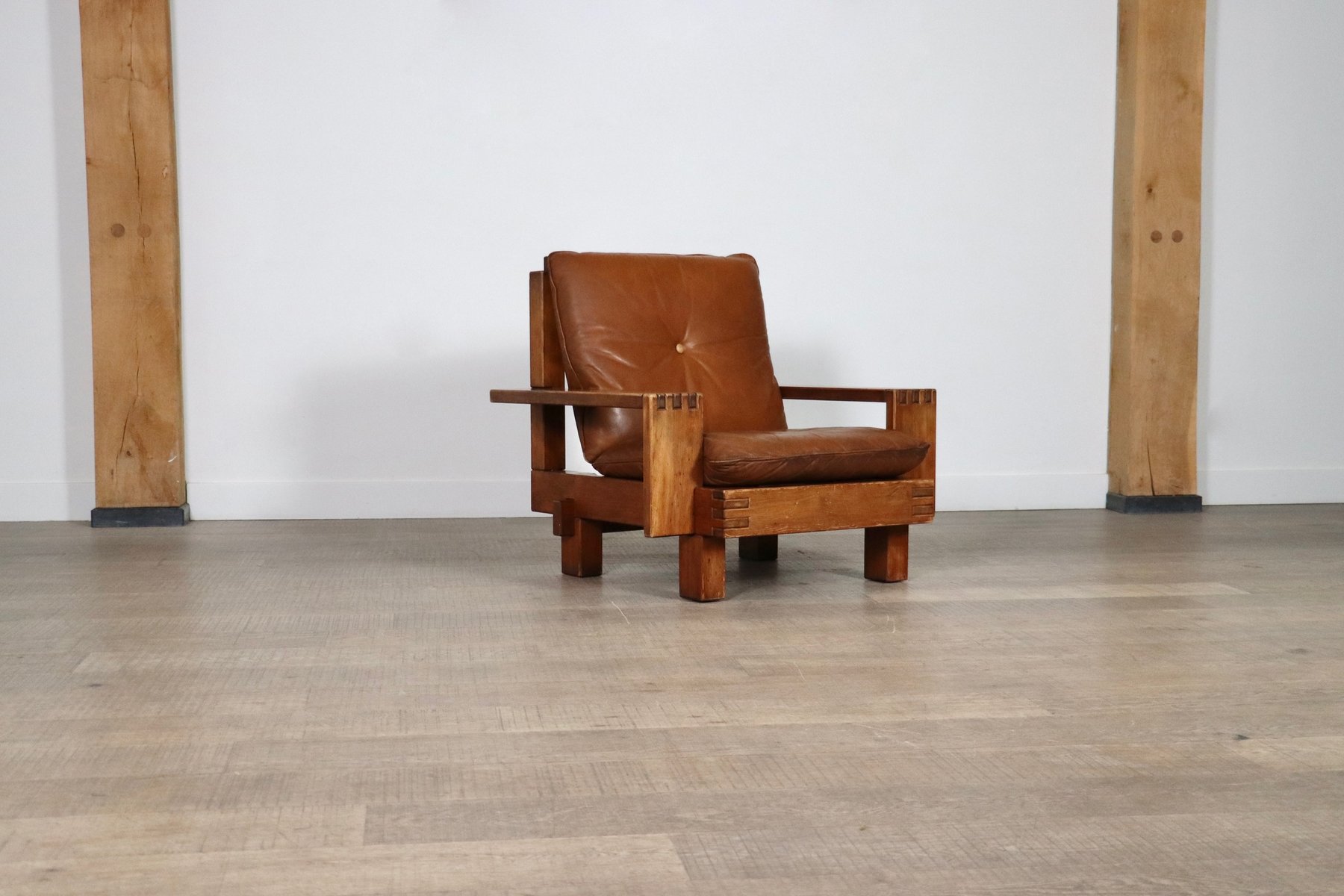 Mid-Century Modern Brutalist Lounge Chair in Oak and Leather, Italy ...