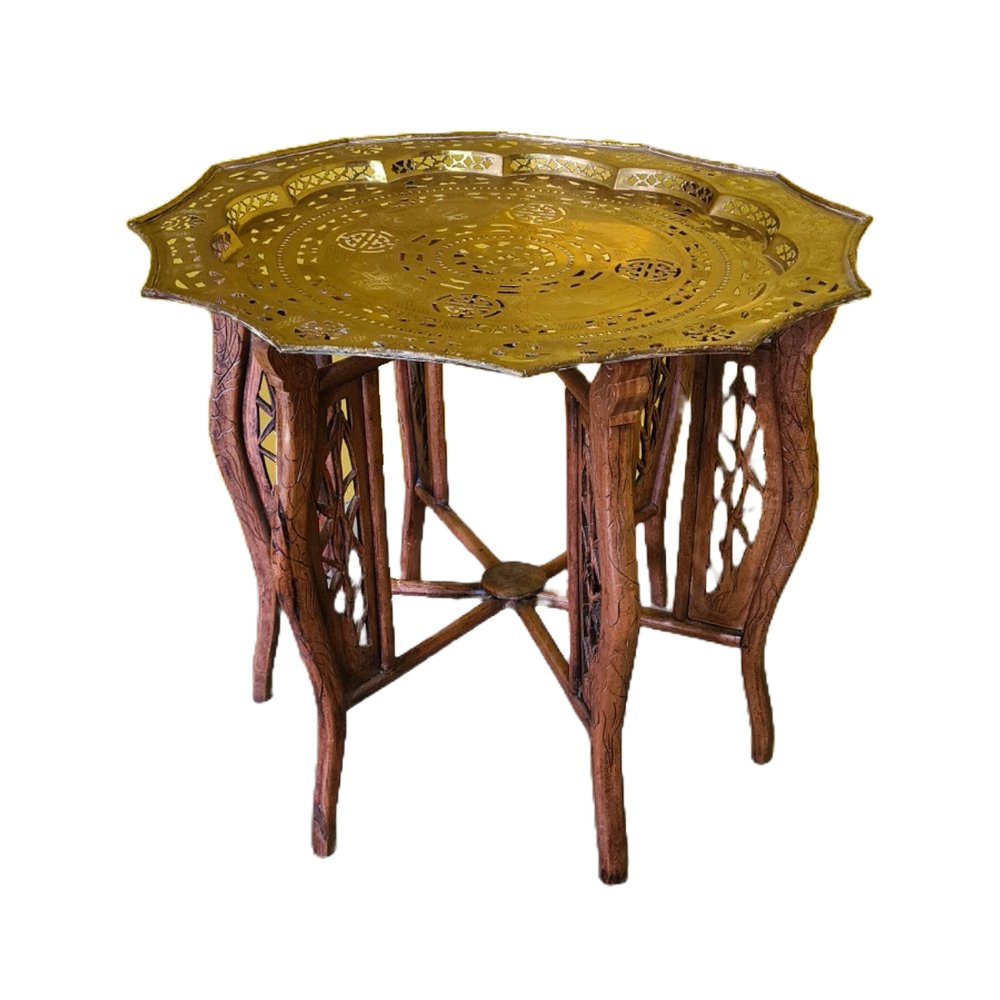 Vietnamese Brass and Wood Folding Side Table, 1950s for sale at Pamono