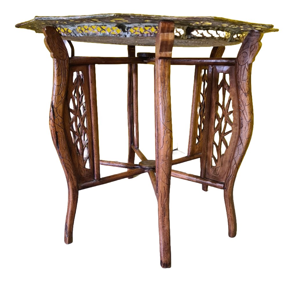 Vietnamese Brass and Wood Folding Side Table, 1950s for sale at Pamono