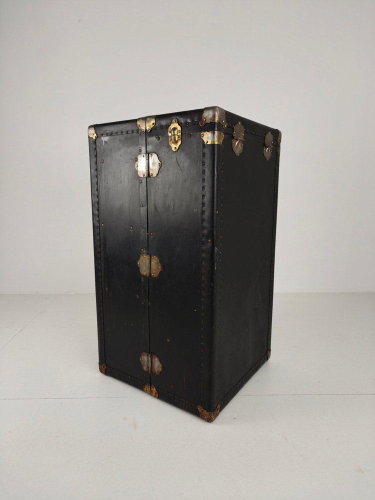 Antique Belber Black Leather Steamer Trunk, 1920s for sale at Pamono