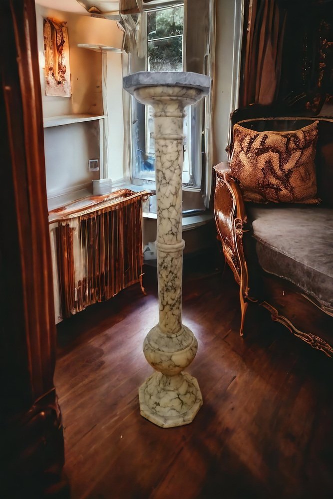 Octagonal Column in Mottled White Carrara Marble with Gray Veins, 1890s ...