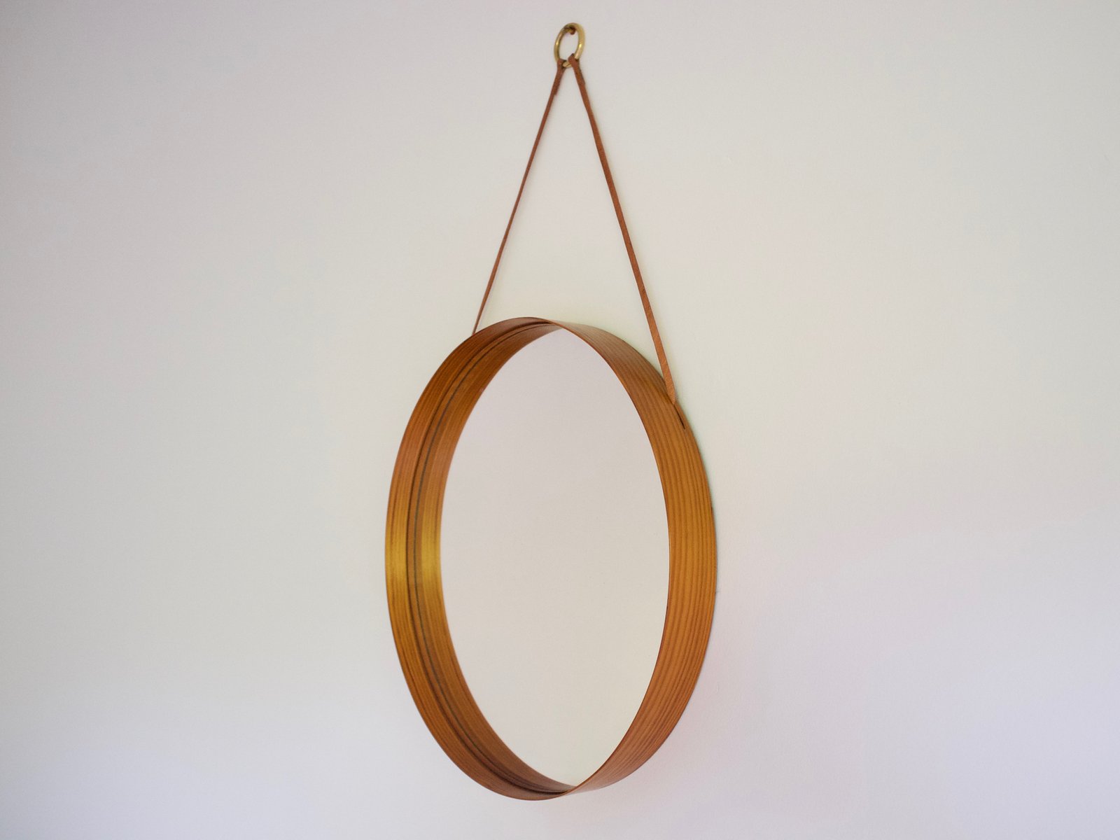 Round 102 Wall Mirror With Leather Hanging Strap From Glass Master 1960s