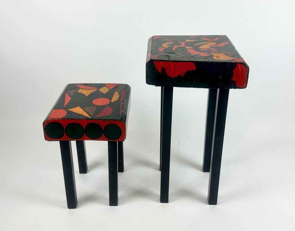 Vintage Abstract Hand-Painted Stools, 1970s, Set of 2 for sale at Pamono