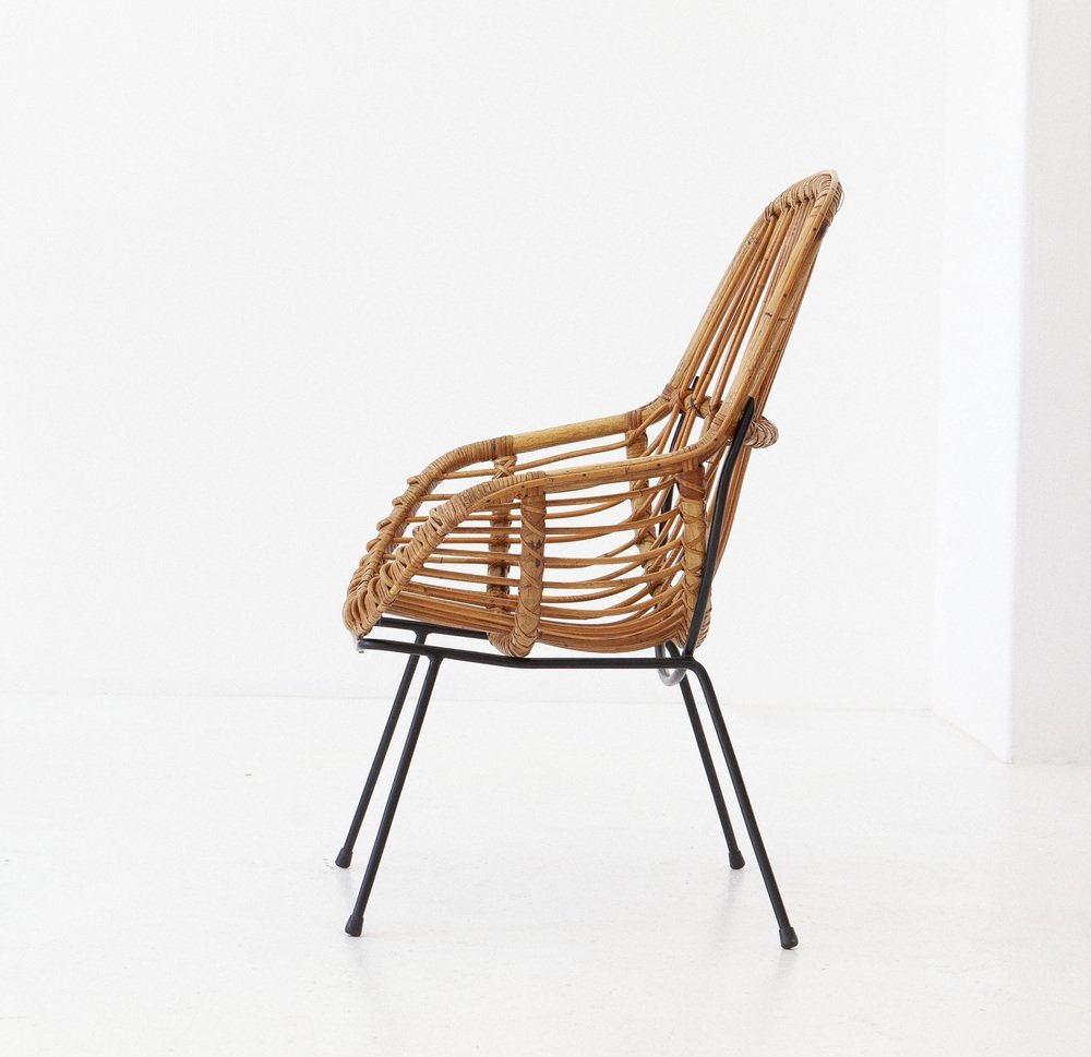 Italian Rattan and Wicker Armchair, 1950s for sale at Pamono